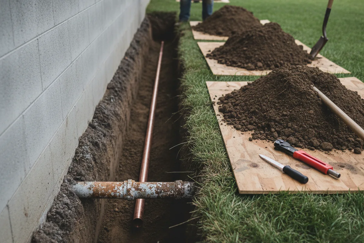 Excavated water line trench during Water Softener Installation in Tower City